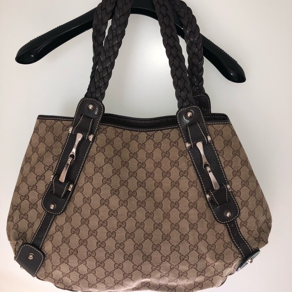 Gucci Handbags - GUCCI MONOGRAM CANVAS GG LOGO BROWN BRAIDED PELHAM